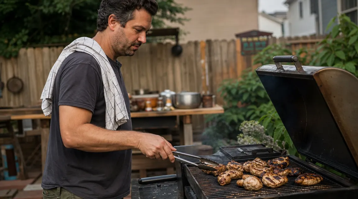 Marcus Hale using the Alpha Grillers spatula to lift smoked chicken thighs off a pellet grill in the evening light