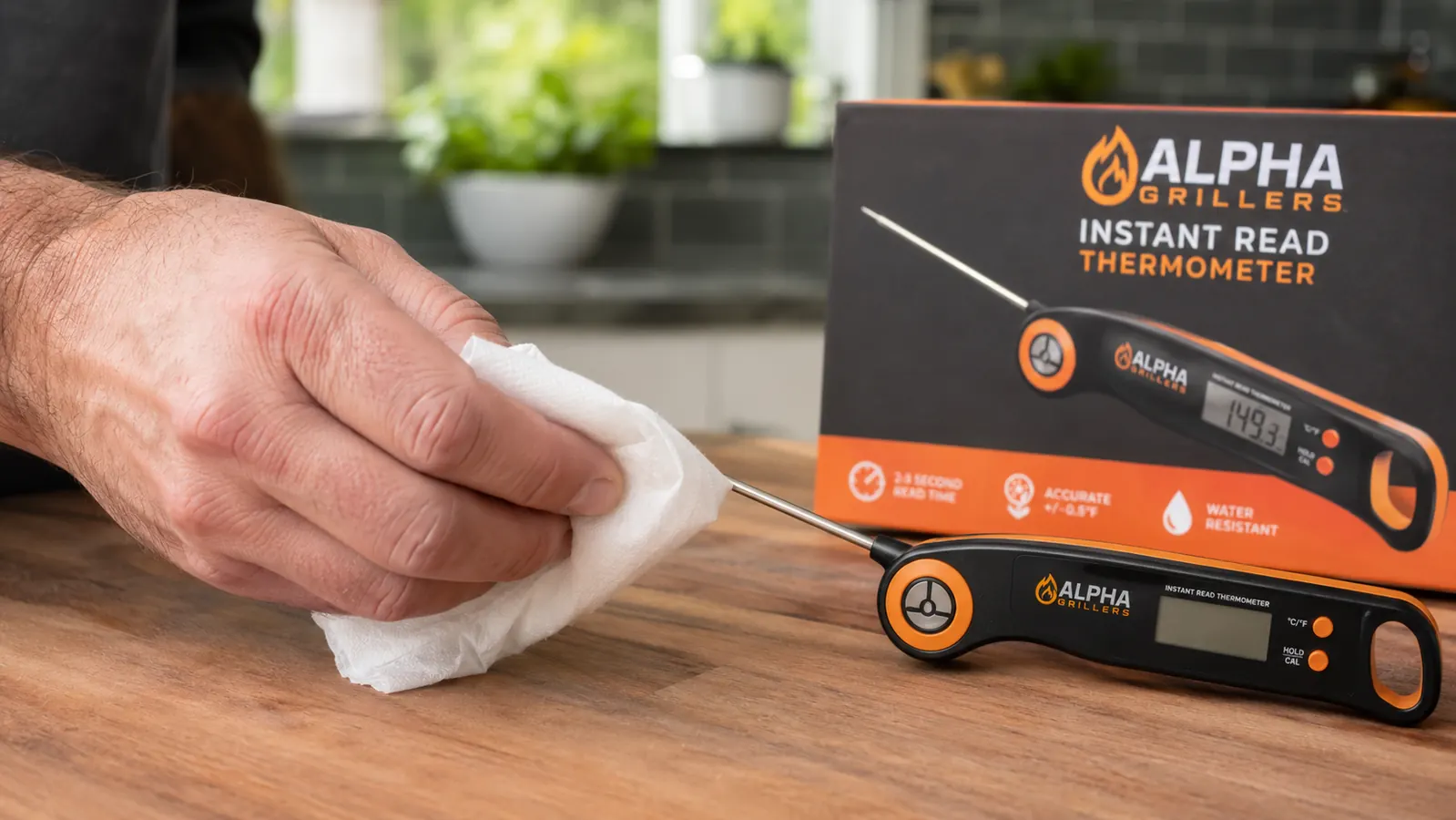 Close-up of Alpha Grillers thermometer probe being wiped clean with a damp cloth after use