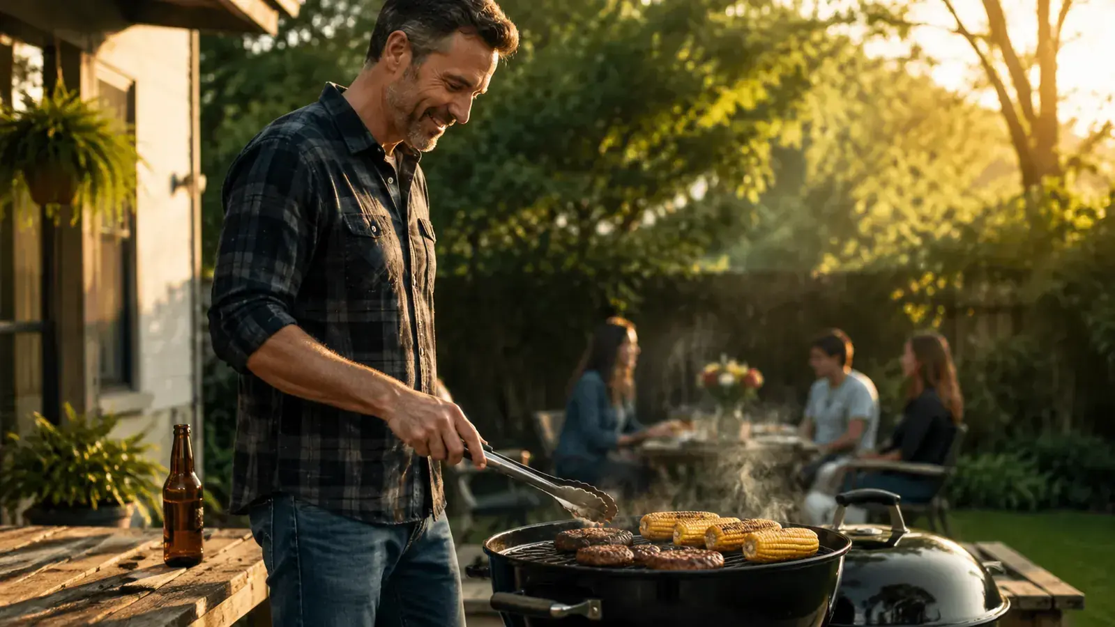 A backyard grill smoking low and slow at golden hour, calm and inviting