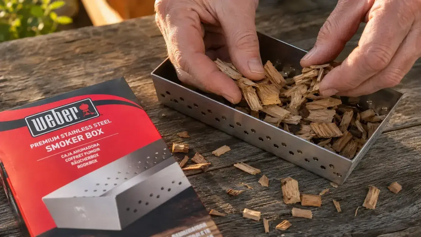 Hands filling a stainless steel Weber smoker box with dry wood chips on a wooden workbench