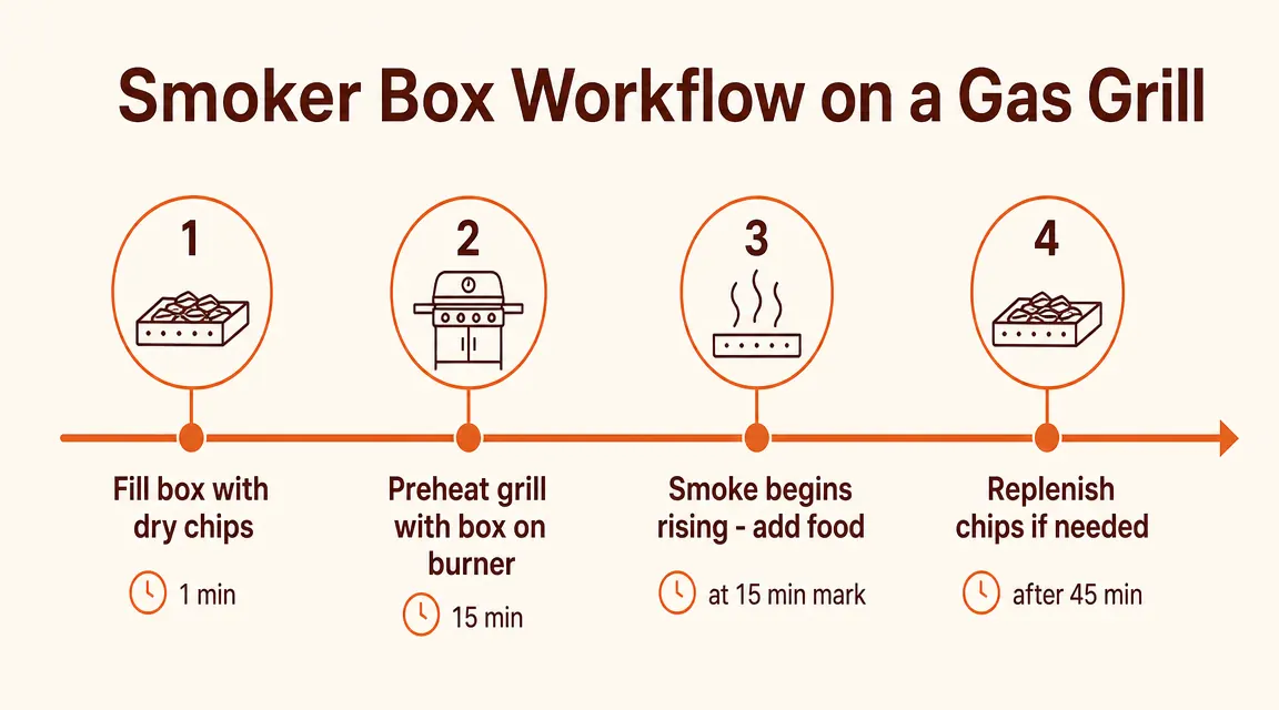 Chart pairing wood chip types with proteins: hickory with pork ribs, applewood with chicken, mesquite with beef, cherry with salmon
