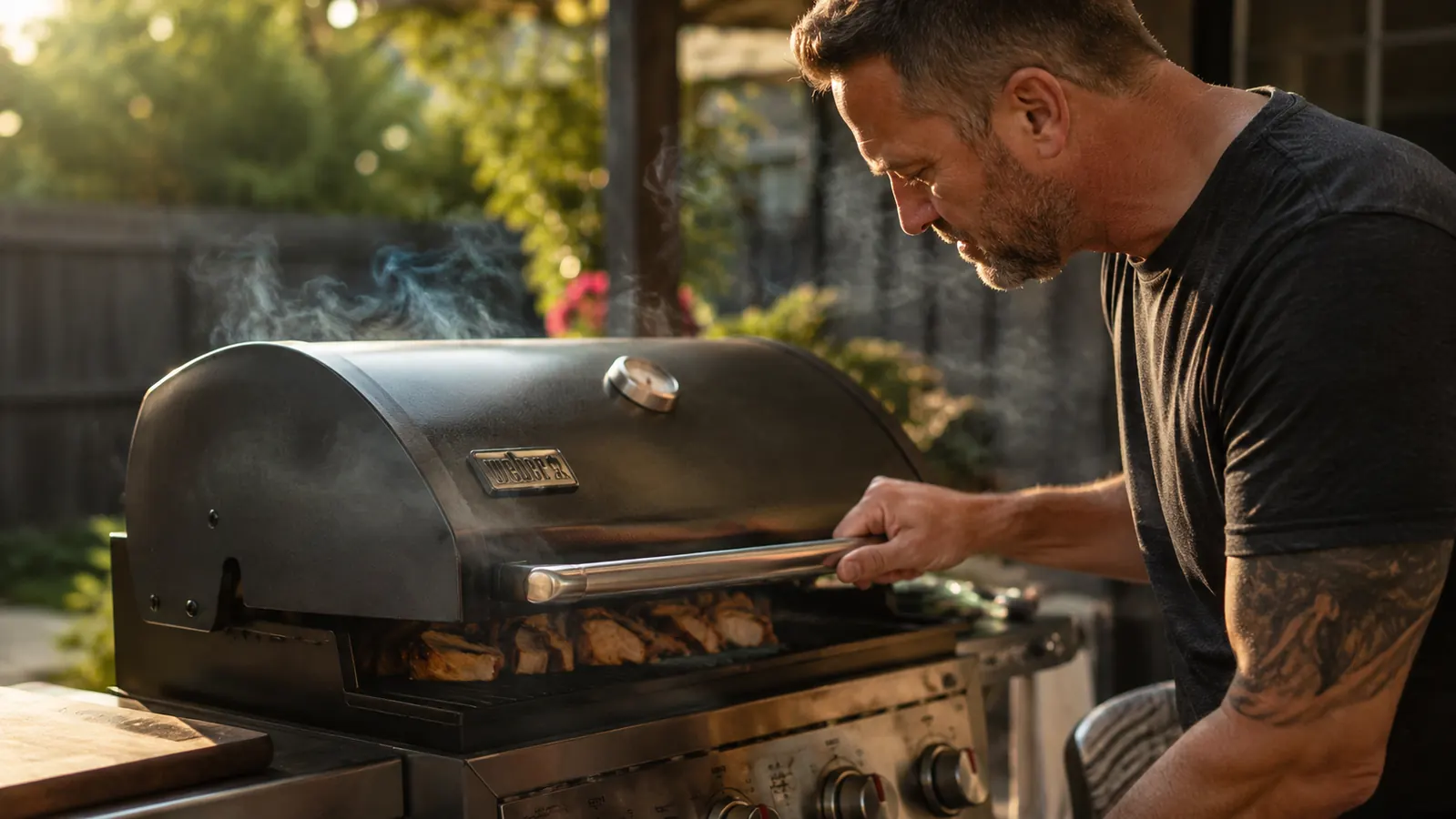 Smoked chicken thighs resting on a wooden cutting board showing golden-brown bark and a thin smoke ring on the sliced edge