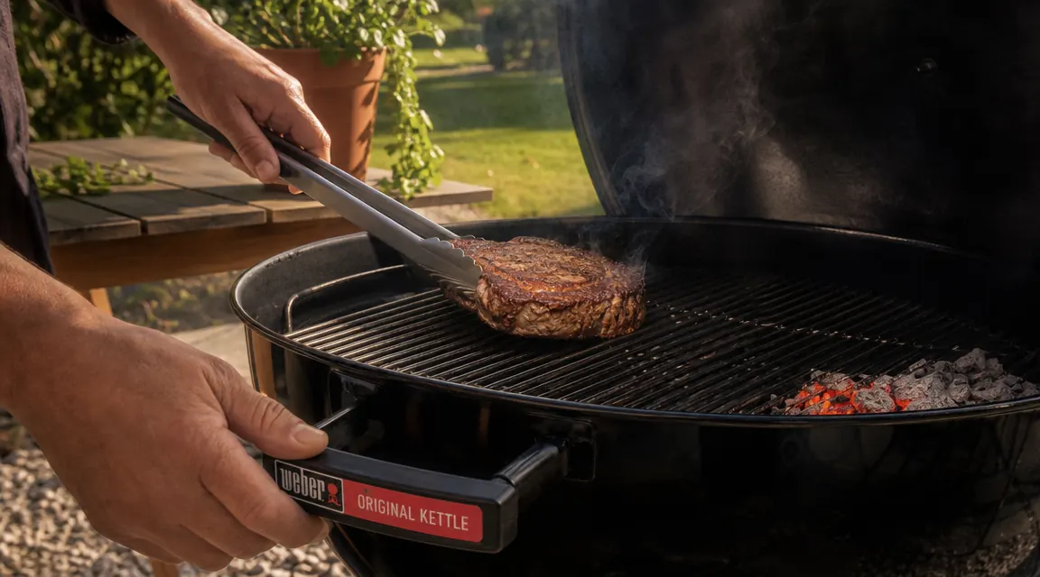 Griller using tongs to move a thick ribeye steak from the indirect zone to the direct sear zone on a charcoal grill