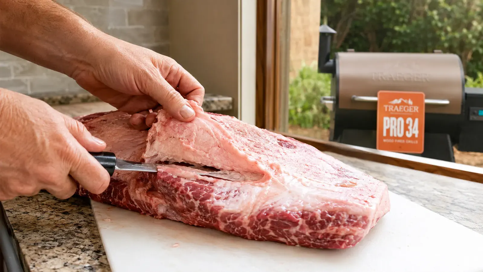 Hands trimming a raw brisket on a cutting board with a boning knife, showing the fat cap being leveled to a quarter inch