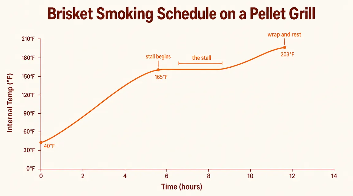 Chart showing internal brisket temperature over a 14-hour smoke, with a flat plateau zone labeled The Stall between 150 and 165 degrees Fahrenheit