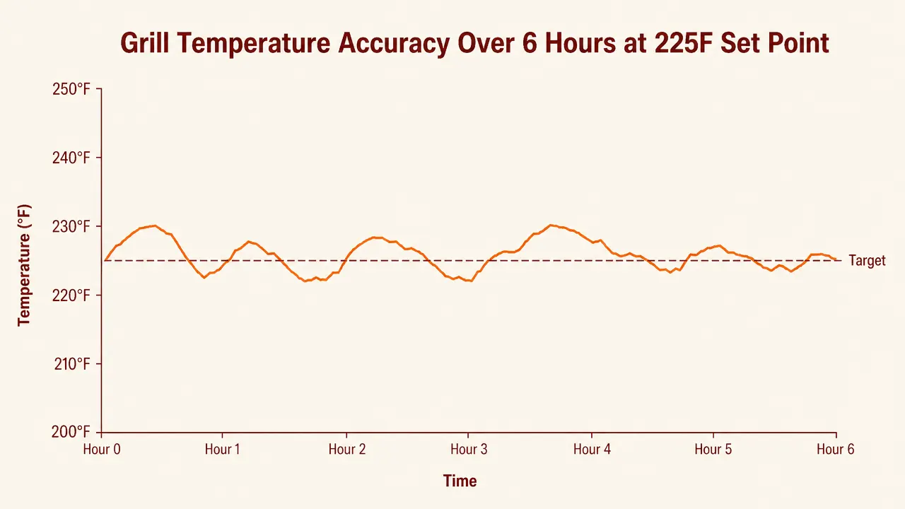 Temperature consistency chart for the Traeger Pro 34 over a 6-hour smoke session, showing setpoint at 225 and actual temps ranging from 218 to 233 degrees