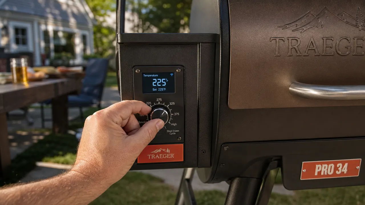Close-up of a pellet grill digital temperature controller display showing a steady 225 degrees