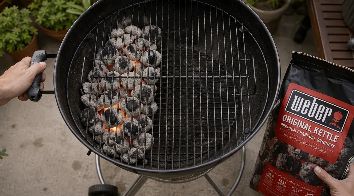 Two-zone charcoal setup inside a Weber kettle grill with coals banked on one side and empty grate on the other