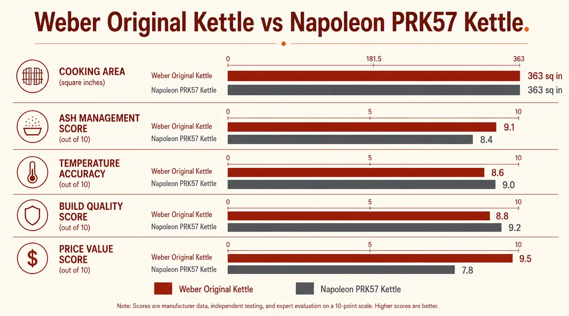 Comparison chart showing Weber vs Napoleon kettle grill specs side by side