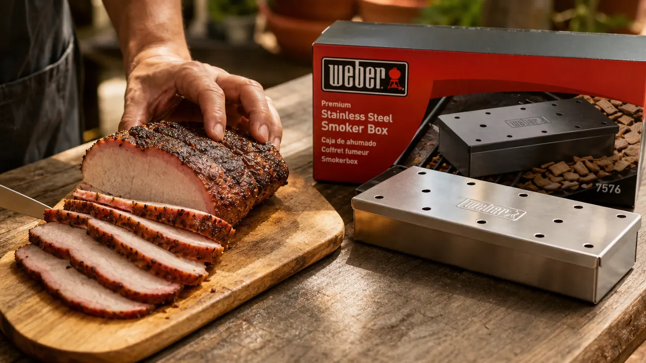 Weber smoker box sitting next to a finished plate of sliced pork loin showing a faint pink smoke ring