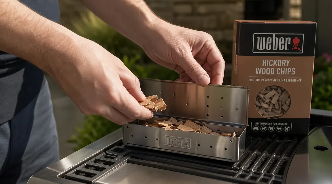 Hands placing wood chips into the Weber smoker box before closing the hinged lid