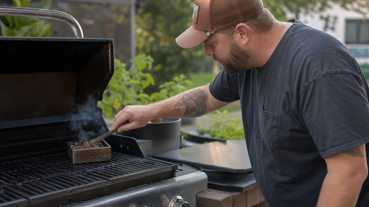 Backyard griller holding tongs over a gas grill with smoke visible, rack of ribs cooking
